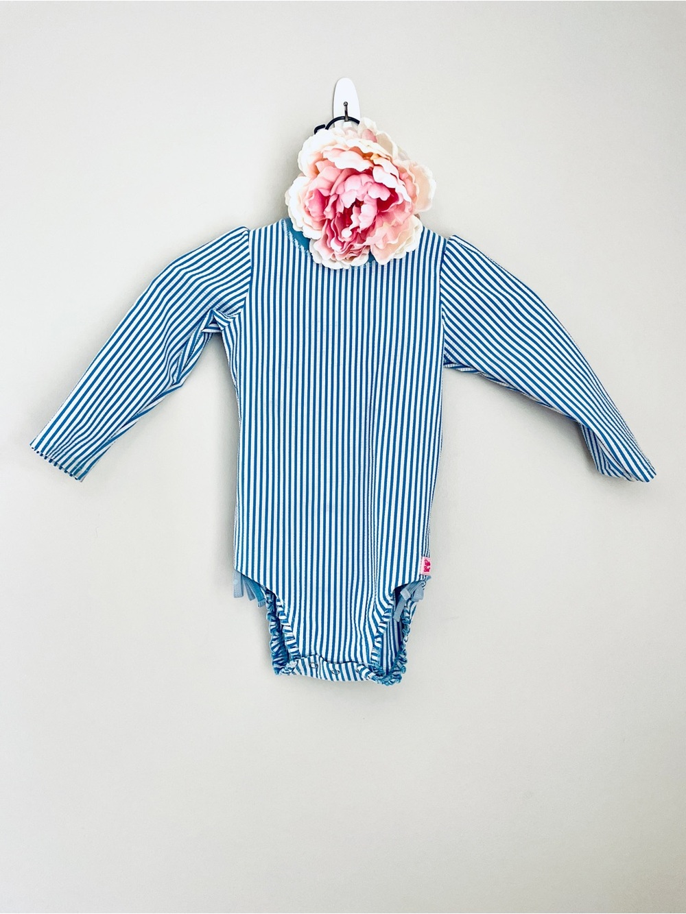 Ruffle Butts Blue Periwinkle Seersucker Striped Long Sleeve Rashguard One-Piece